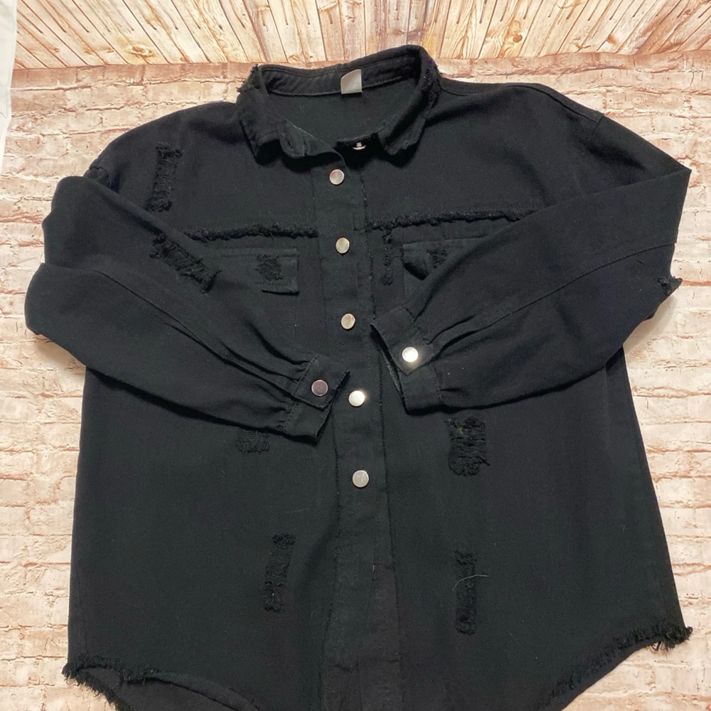 Black Distressed Button-Up Shirt